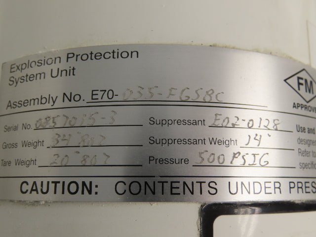 Fike E70-035-FGSBC Explosion Protection Unit 2 Gallon Tank 500 PSI