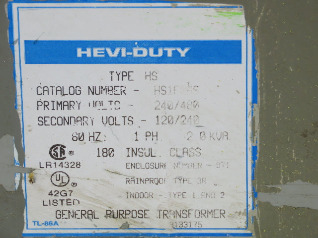 Hevi-Duty HS1F2AS General Purpose Transformer 240-480V 1PH 2.0KVA 3R