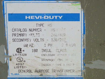 Hevi-Duty HS1F2AS General Purpose Transformer 240-480V 1PH 2.0KVA 3R