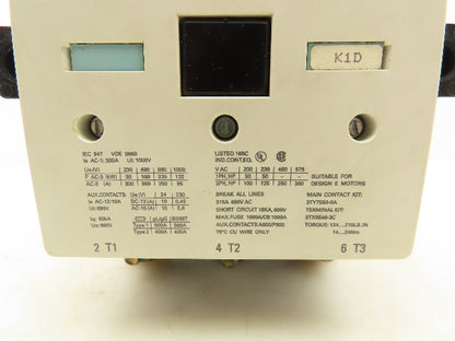 Siemens 3TF5522-0AK6 IEC Motor Starter Contactor 300A 250Hp 600V 3Ph 120V Coil