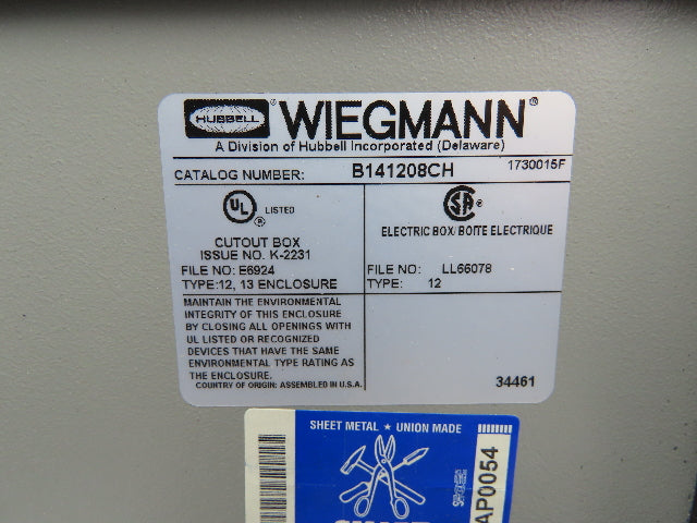 Wiegmann B141208CH Electrical Enclosure 14x12x8" Wall Mount Control Panel Extras