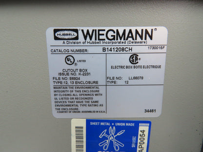Wiegmann B141208CH Electrical Enclosure 14x12x8" Wall Mount Control Panel Extras