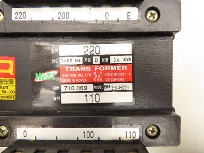 Bum Han BH-B-0.4-D2211 Transformer 220/200V Primary 110V Secondary 0.4kVA 1Ph