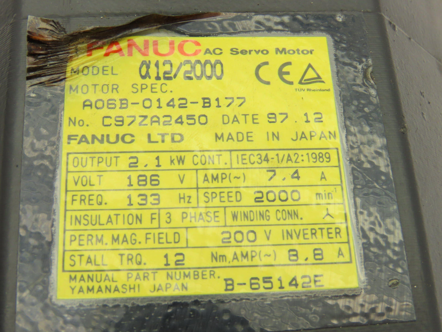 Fanuc A06B-0142-B177 AC Servo Motor 2.1kW 2000 RPM 186V 7.4A 3PH