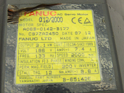 Fanuc A06B-0142-B177 AC Servo Motor 2.1kW 2000 RPM 186V 7.4A 3PH