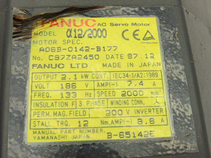 Fanuc A06B-0142-B177 AC Servo Motor 2.1kW 2000 RPM 186V 7.4A 3PH