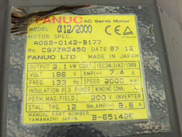 Fanuc A06B-0142-B177 AC Servo Motor 2.1kW 2000 RPM 186V 7.4A 3PH