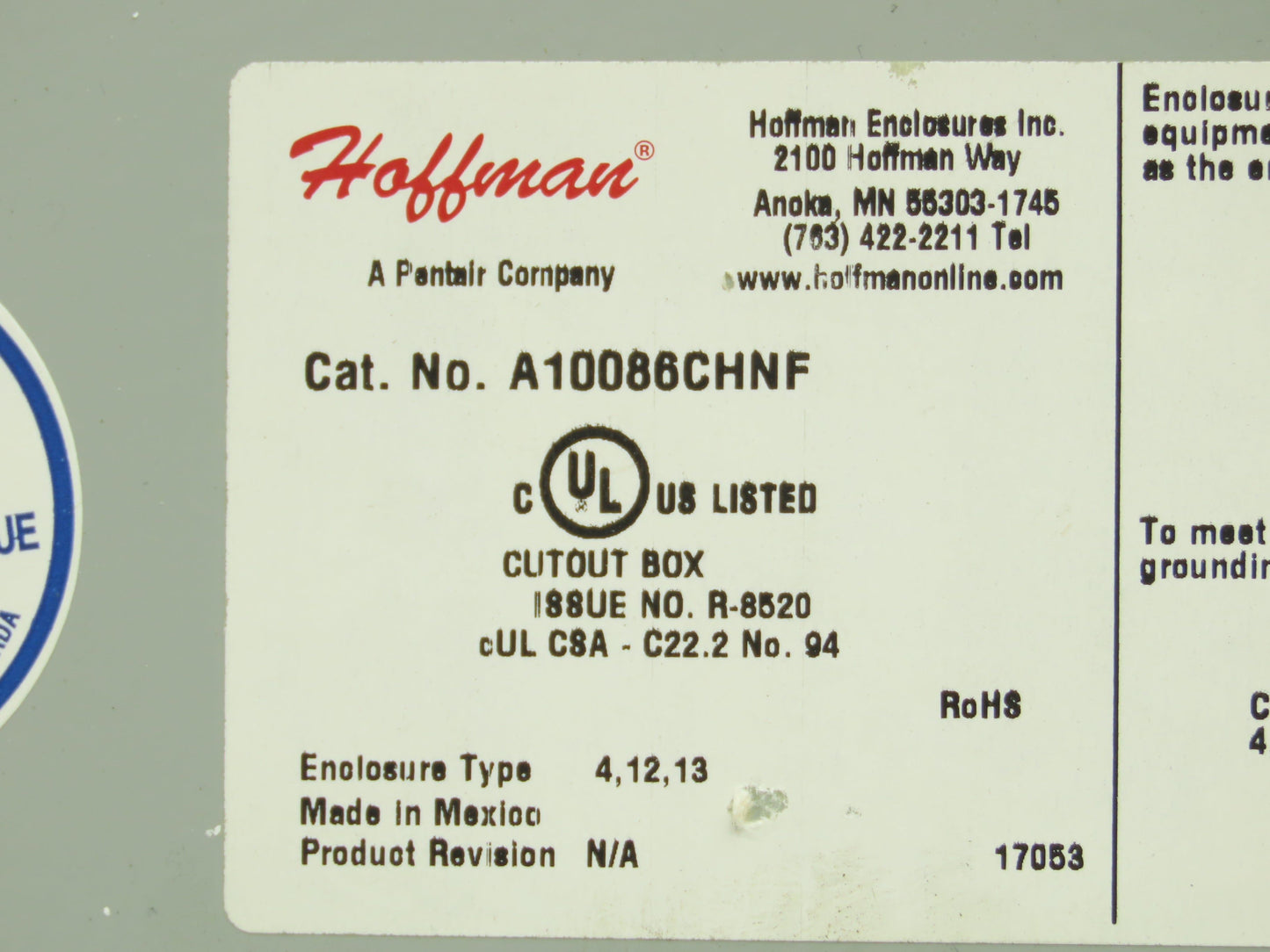 Hoffman A10086CHNF Electrical Enclosure Box 10x8x6" Terminal Blocks