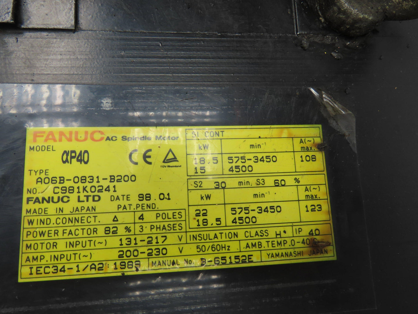 Fanuc A06B-0831-B200 AC Spindle Servo Motor 22kw 4500RPM 4 Pole 3Ph 217V
