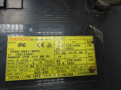 Fanuc A06B-0831-B200 AC Spindle Servo Motor 22kw 4500RPM 4 Pole 3Ph 217V