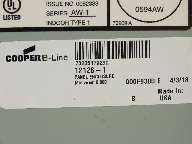 Cooper B-Line 12126-1 Electrical Enclosure 12x12x6" Motor Starter 3Hp 480V 3Ph