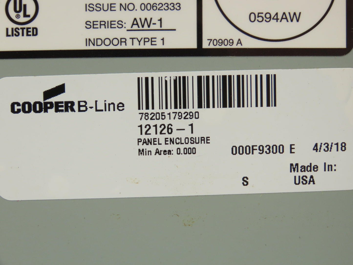 Cooper B-Line 12126-1 Electrical Enclosure 12x12x6" Motor Starter 3Hp 480V 3Ph