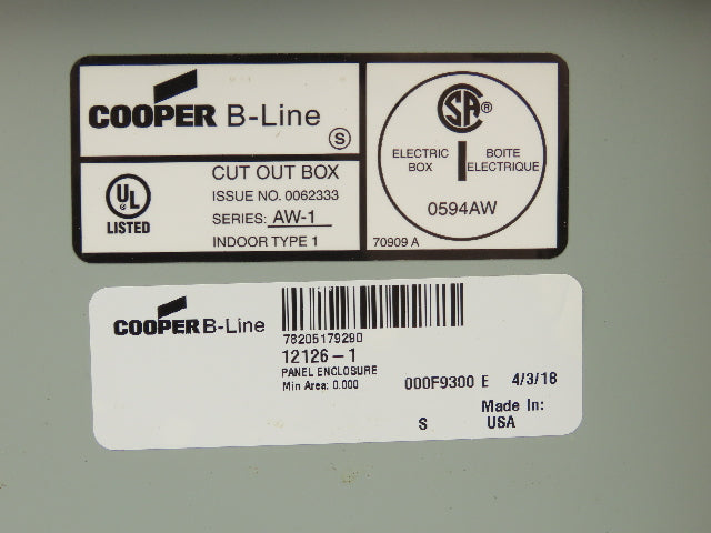 Cooper B-Line 12126-1 Electrical Enclosure 12x12x6" Motor Starter 3Hp 480V 3Ph