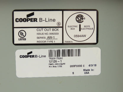 Cooper B-Line 12126-1 Electrical Enclosure 12x12x6" Motor Starter 3Hp 480V 3Ph