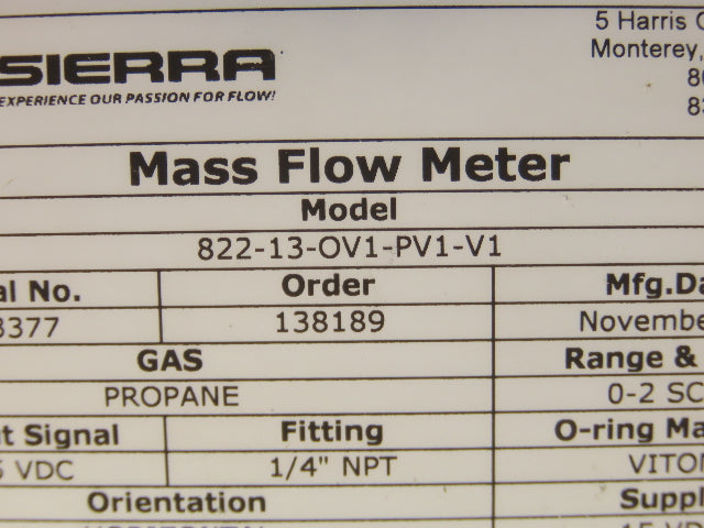 Sierra 822-13-OV1-PV1-V1 Top Trak Mass Flow Sensor Propane Gas 2SCFM