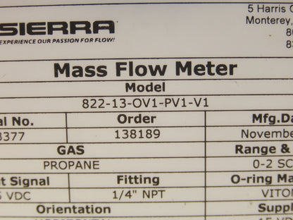 Sierra 822-13-OV1-PV1-V1 Top Trak Mass Flow Sensor Propane Gas 2SCFM