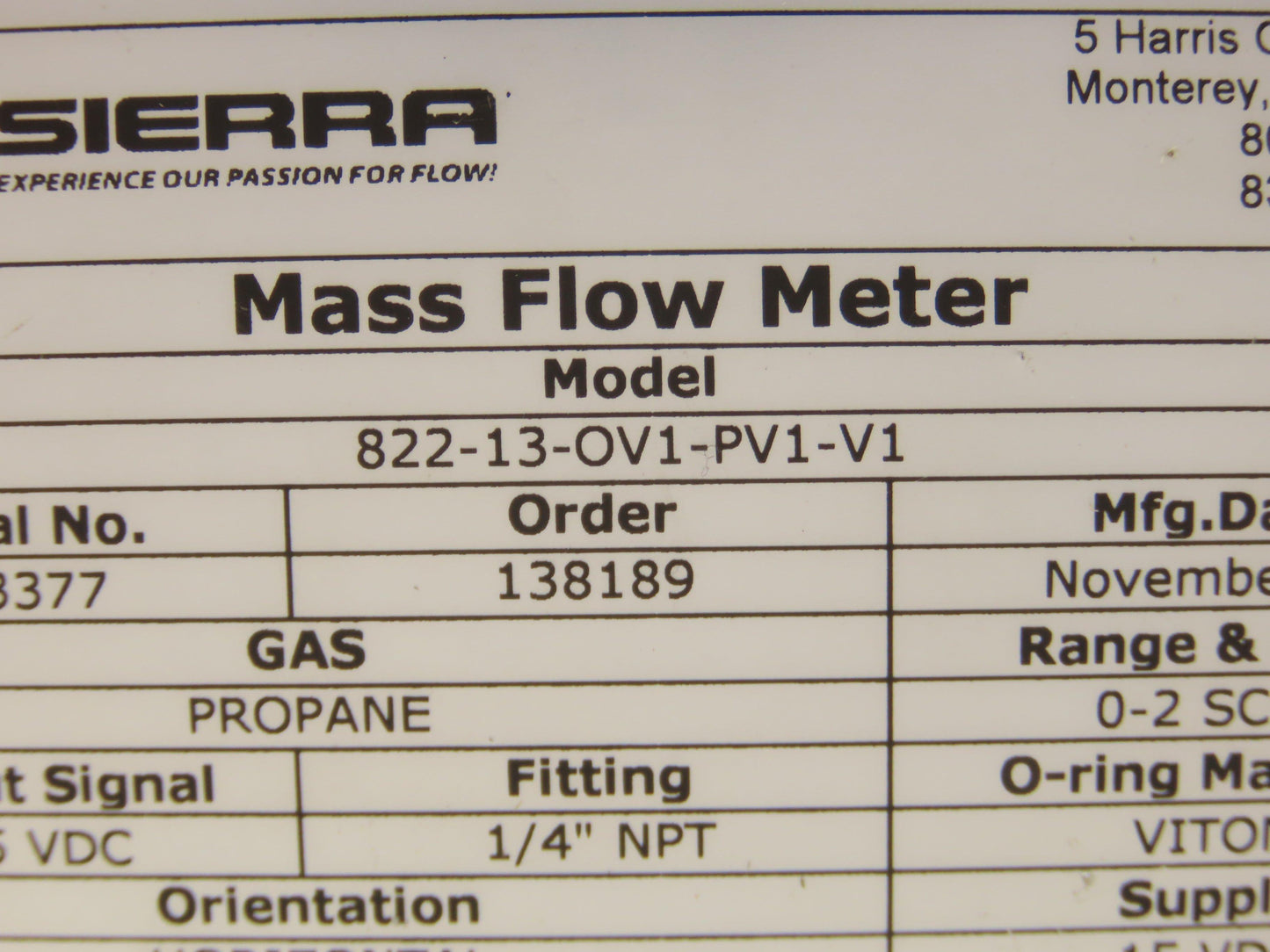 Sierra 822-13-OV1-PV1-V1 Top Trak Mass Flow Sensor Propane Gas 2SCFM