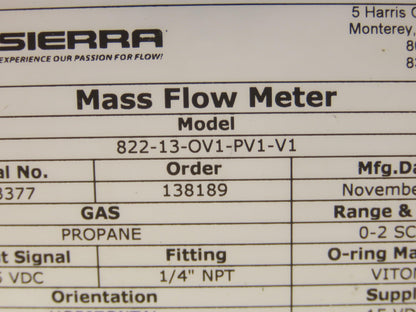 Sierra 822-13-OV1-PV1-V1 Top Trak Mass Flow Sensor Propane Gas 2SCFM