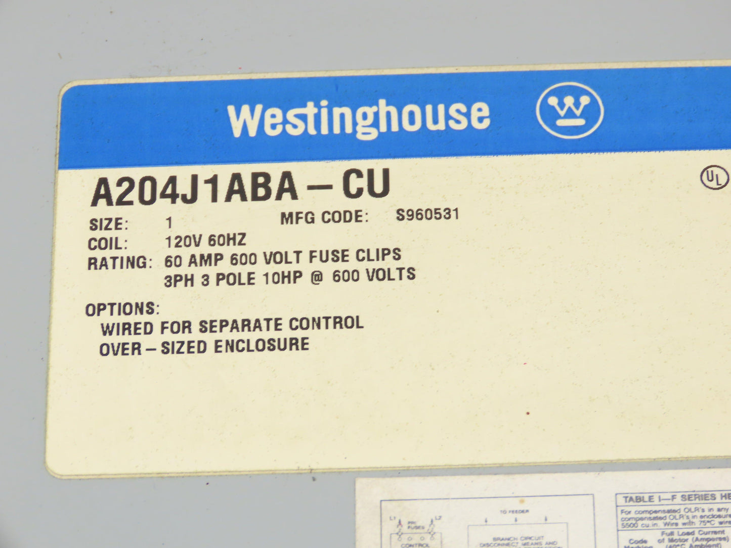 Westinghouse Combination Motor Starter NEMA 1 Size 10Hp 480V Oversized Enclosure