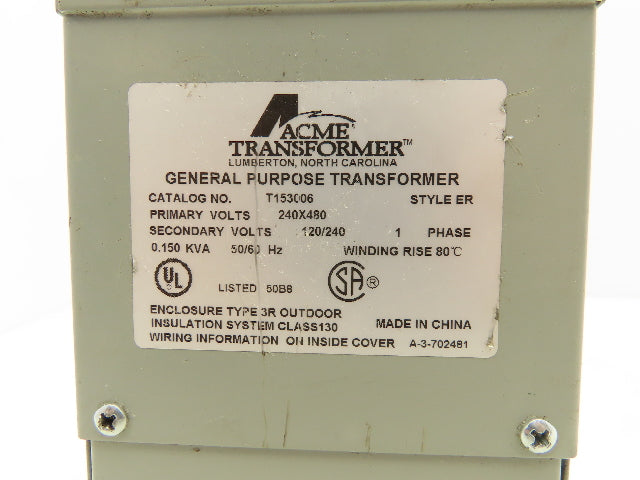 ACME T153006 General Purpose Transformer PRI 240/480V SEC 120/240V 0.150kva 1PH