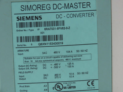 Siemens 6RA7031-6FV62 Simoreg DC Master Drive 125A 480V 6RA70DC Control Panel