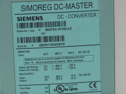 Siemens 6RA7031-6FV62 Simoreg DC Master Drive 125A 480V 6RA70DC Control Panel