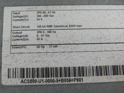 ABB ACS800-U1-0050-5+B056-P901 AC Variable Frequency Drive 50Hp 3Ph 480V 65A