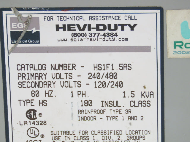 EGS HS1F1.5AS Hevi-Duty Transformer 1.5KVA 240/480V - 120/240V 1PH Type 3R