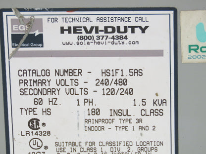 EGS HS1F1.5AS Hevi-Duty Transformer 1.5KVA 240/480V - 120/240V 1PH Type 3R