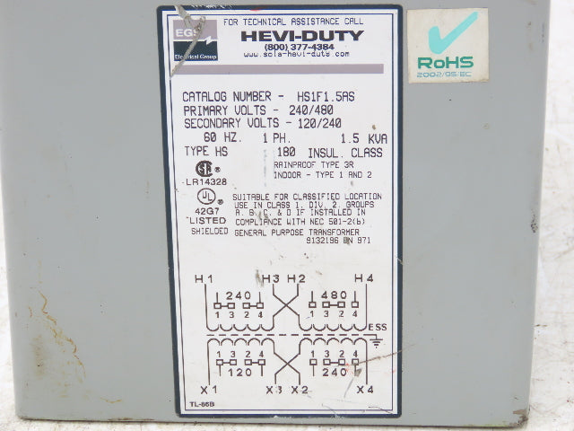 EGS HS1F1.5AS Hevi-Duty Transformer 1.5KVA 240/480V - 120/240V 1PH Type 3R