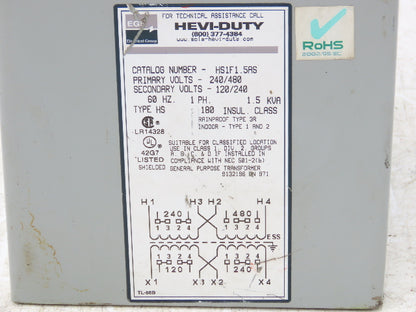 EGS HS1F1.5AS Hevi-Duty Transformer 1.5KVA 240/480V - 120/240V 1PH Type 3R