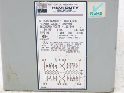 EGS HS1F1.5AS Hevi-Duty Transformer 1.5KVA 240/480V - 120/240V 1PH Type 3R