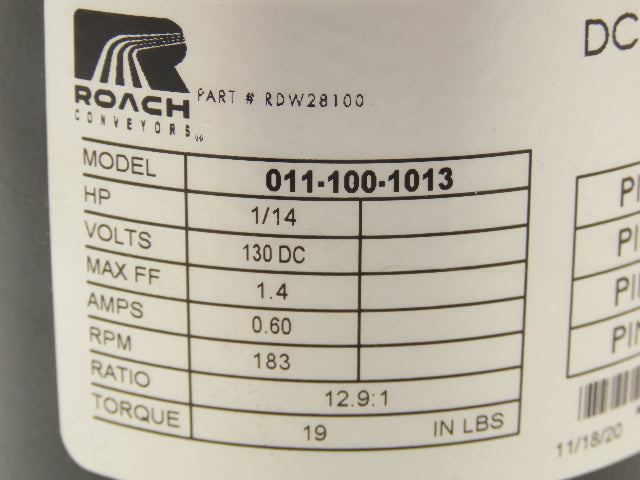 Bison 011-100-1013 DC Gearmotor for Roach Roller Conveyor 1/14Hp 130VDC 183 RPM