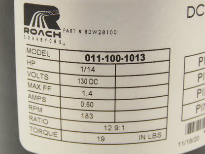 Bison 011-100-1013 DC Gearmotor for Roach Roller Conveyor 1/14Hp 130VDC 183 RPM