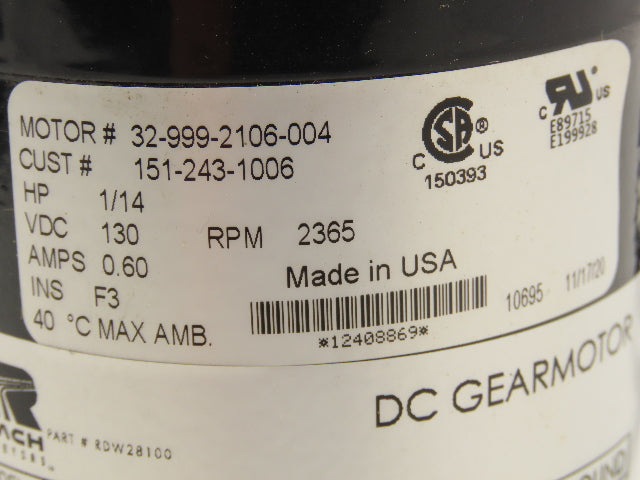 Bison 011-100-1013 DC Gearmotor for Roach Roller Conveyor 1/14Hp 130VDC 183 RPM