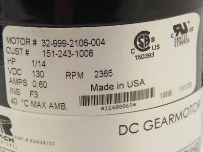 Bison 011-100-1013 DC Gearmotor for Roach Roller Conveyor 1/14Hp 130VDC 183 RPM