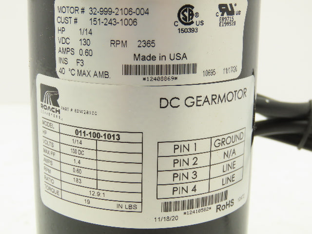 Bison 011-100-1013 DC Gearmotor for Roach Roller Conveyor 1/14Hp 130VDC 183 RPM