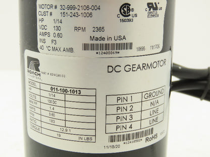Bison 011-100-1013 DC Gearmotor for Roach Roller Conveyor 1/14Hp 130VDC 183 RPM