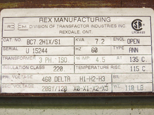 Rex BC7.2H1X/S1 Step Down Power Transformer 7.2kva 3Ph  HV 480D LV 208Y/120V