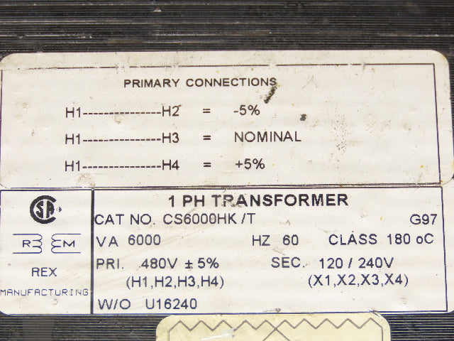 Rex CS6000HK/T Control Transformer 6kva 6000va 1Ph HV 480V LV 120/240V