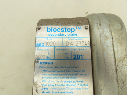 Blocstop BSO1020 Fall Arrest Secondary Safety Brake 3/8" Wire Rope 2400 Lb