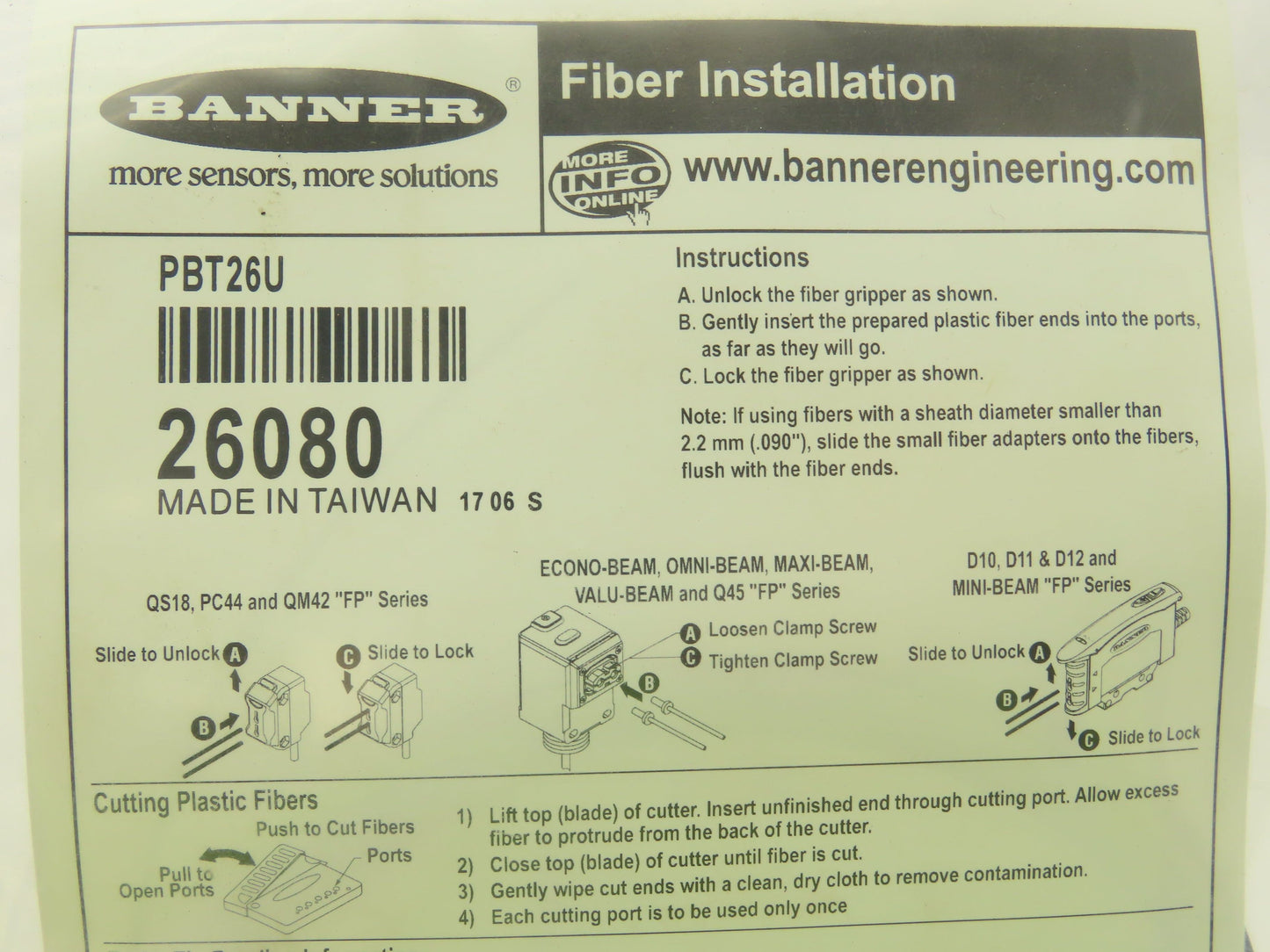 Banner PBT26U Fiber Optic Wire Cutter Kit 2m 0.5mm Core Lot of 3
