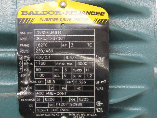 Baldor IDVSNM3661T Inverter Duty Motor 3Hp 3Ph 230/460V 182TC Frame TENV 1760RPM