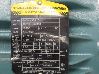 Baldor IDVSNM3661T Inverter Duty Motor 3Hp 3Ph 230/460V 182TC Frame TENV 1760RPM