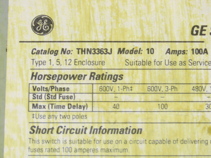 General Electric THN3363J Heavy Duty Disconnect Safety Switch 100A 600V 3 Pole