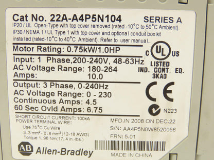 Allen Bradley 22A-A4P5N104 PowerFlex 4 AC Drive 1HP 0.75kW 200-240V  1-3PH Ser A