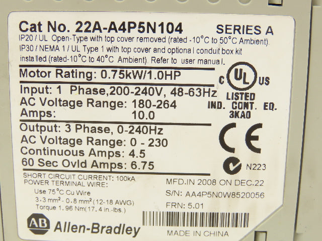 Allen Bradley 22A-A4P5N104 PowerFlex 4 AC Drive 1HP 0.75kW 200-240V  1-3PH Ser A