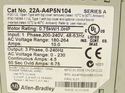 Allen Bradley 22A-A4P5N104 PowerFlex 4 AC Drive 1HP 0.75kW 200-240V  1-3PH Ser A