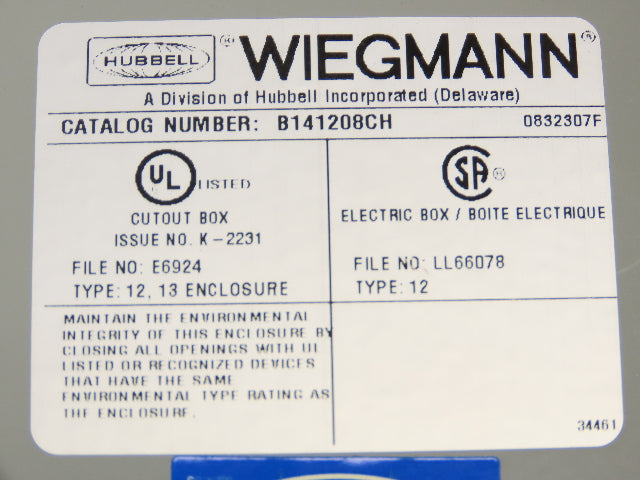 Wiegmann B141208CH Electrical Enclosure 14x12x8" Wall Mount Control Panel