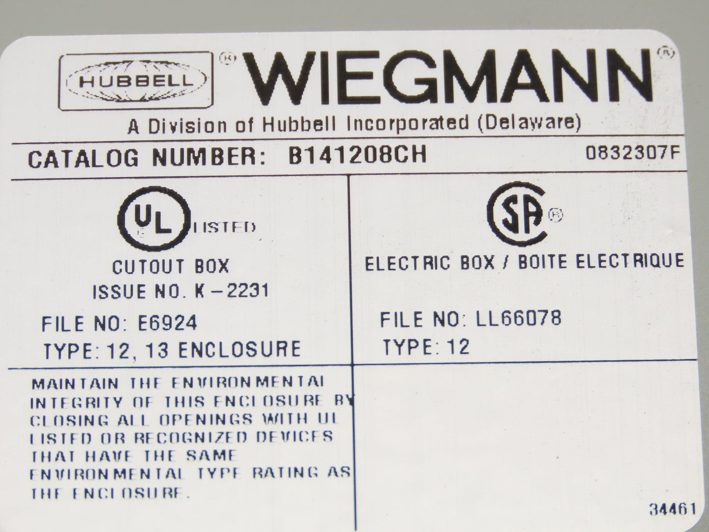 Wiegmann B141208CH Electrical Enclosure 14x12x8" Wall Mount Control Panel